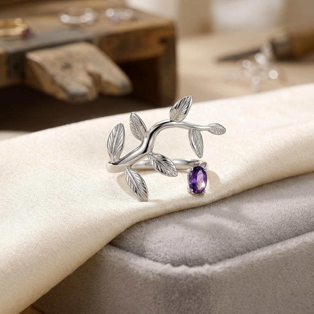 Light Luxury 3D Leaf Women's Open Ring with Zirconia